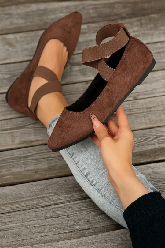 Damen Ballerinas mit spitz zulaufender Spitze und überkreuzten Riemen