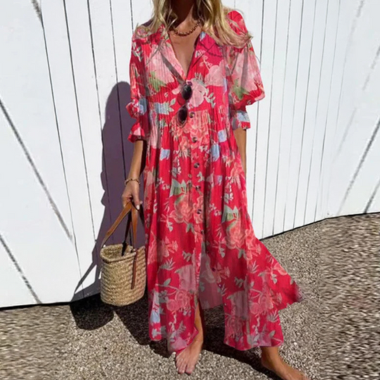 Women's Artistic Printed Button Front Maxi Shirt Dress