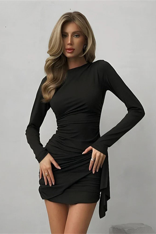 Damen Langarm gerafftes Bodycon Mini Kleid