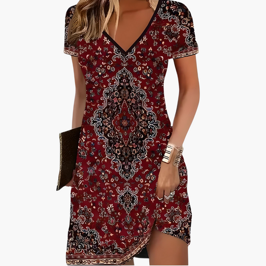 Women's Artistic Printed V-Neck Dress with Relaxed Fit