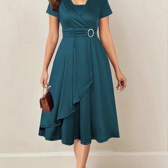 Women's Wrap Midi Dress with Decorative Waist Buckle