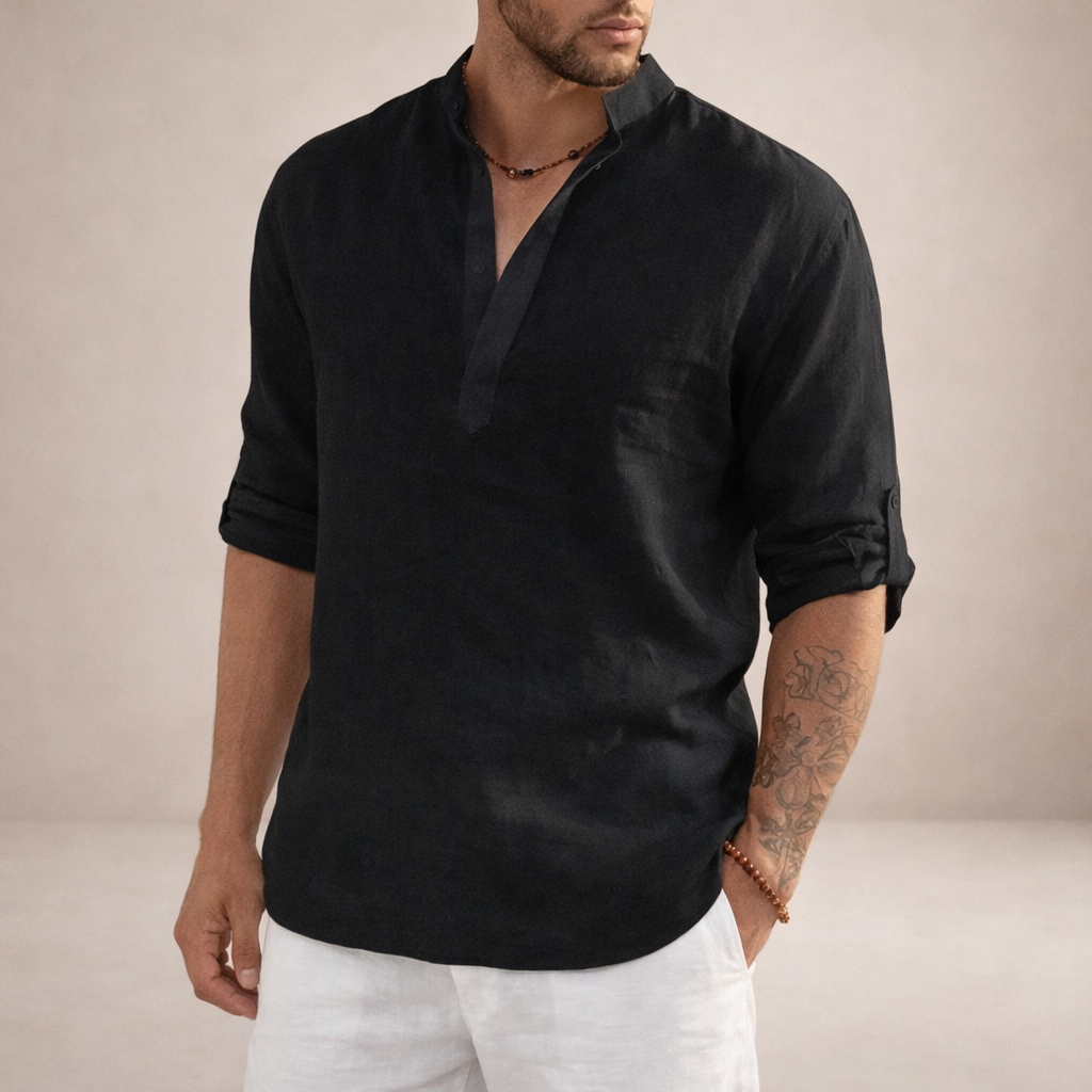 Men's Casual Linen-Blend Henley Shirt