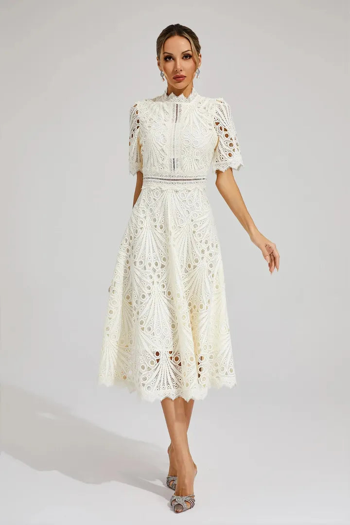 Women's Elegant Lace High Neck Midi Dress