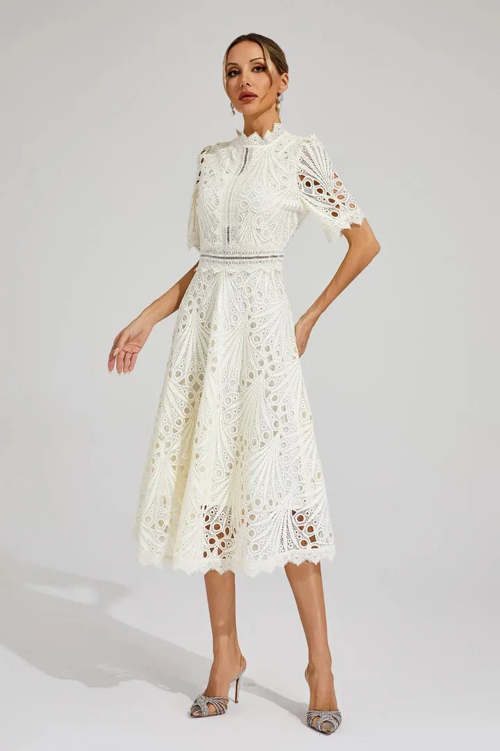 Women's Elegant Lace High Neck Midi Dress