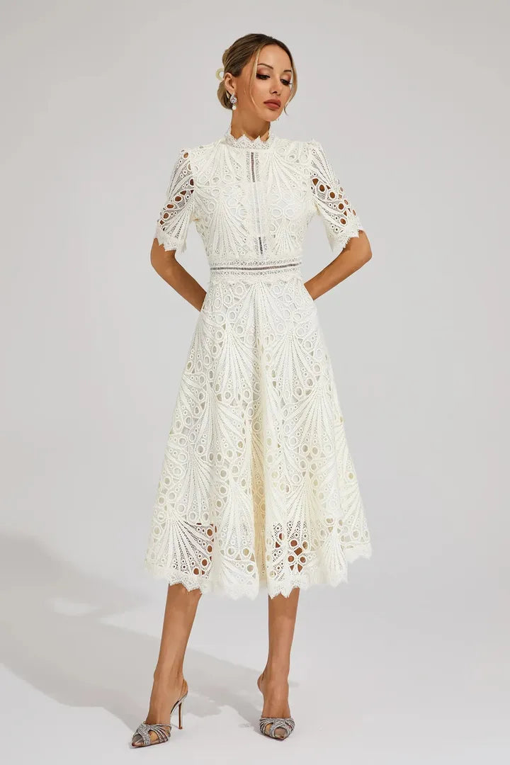 Women's Elegant Lace High Neck Midi Dress