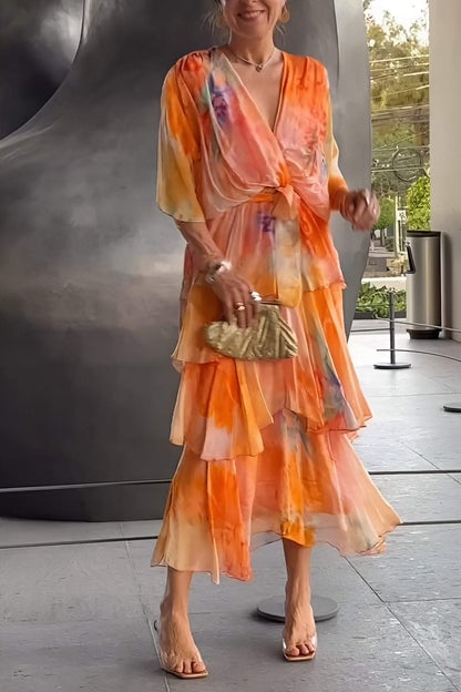 Women's Watercolor Printed Layered Chiffon Maxi Dress