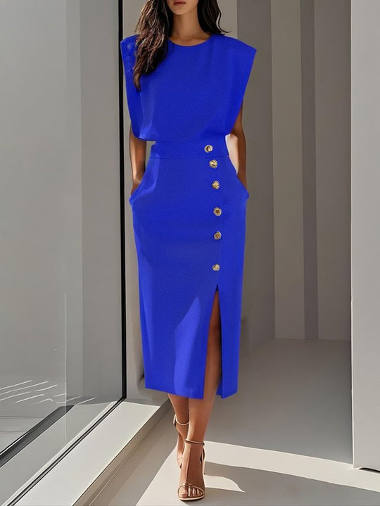 Elegantes ärmelloses Damenblusen- und Midirock-Set mit Knopfdetail