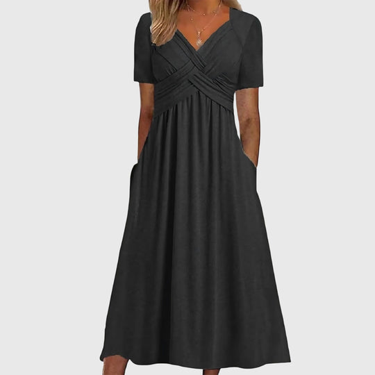 Maxikleid für Damen mit Empire-Taille, V-Ausschnitt und Taschen