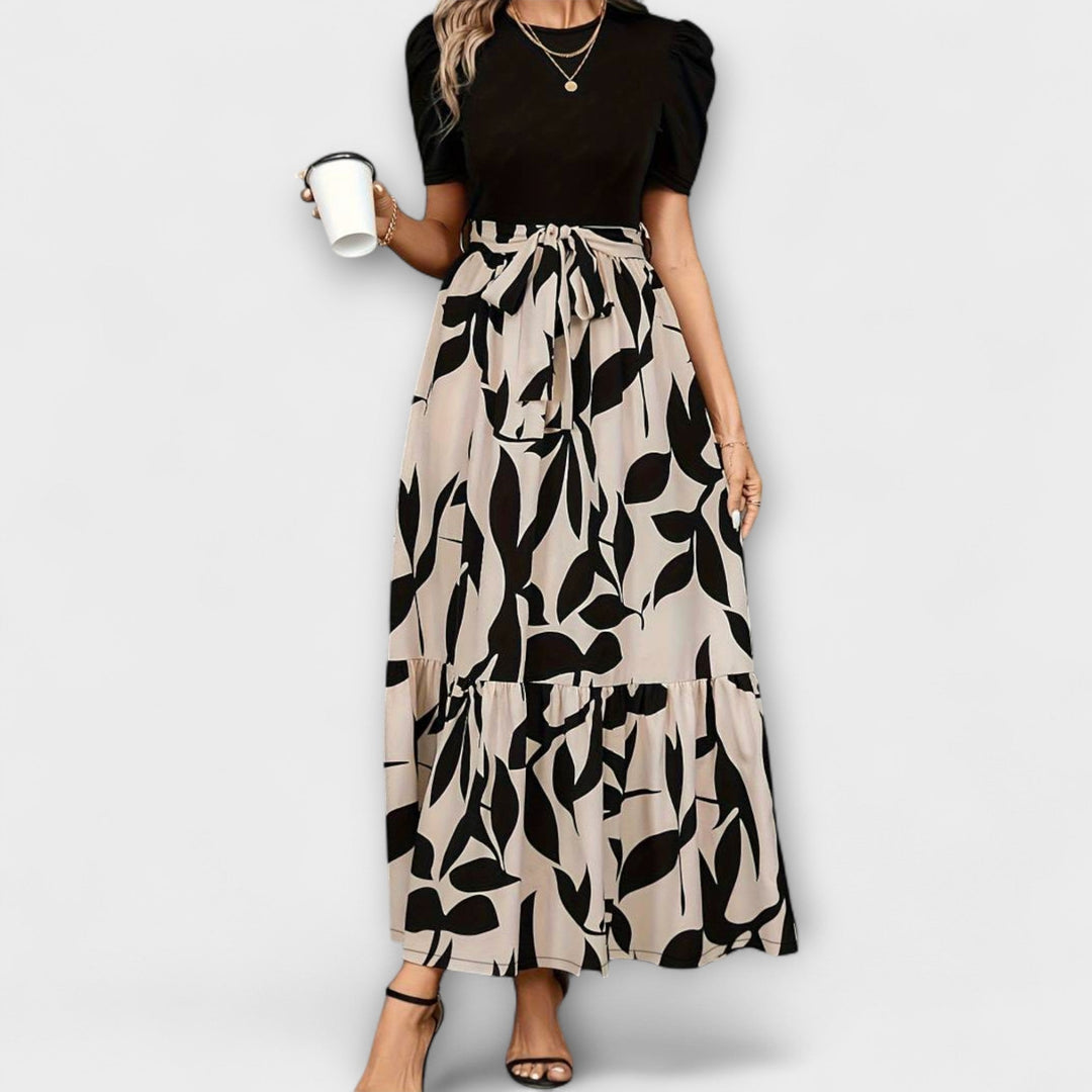 Women's Printed Two-Tone Maxi Dress with Leaf Print Skirt