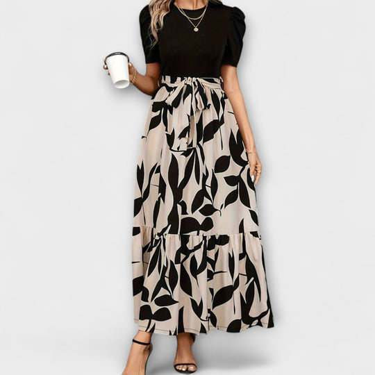 Women's Printed Two-Tone Maxi Dress with Leaf Print Skirt
