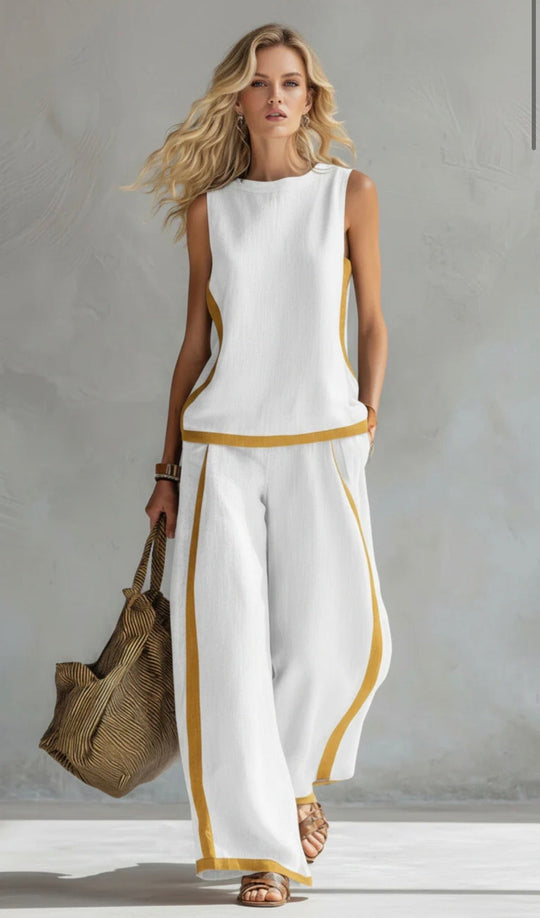 Women's Sleeveless Contrast Trim Top and Wide Leg Pants Set