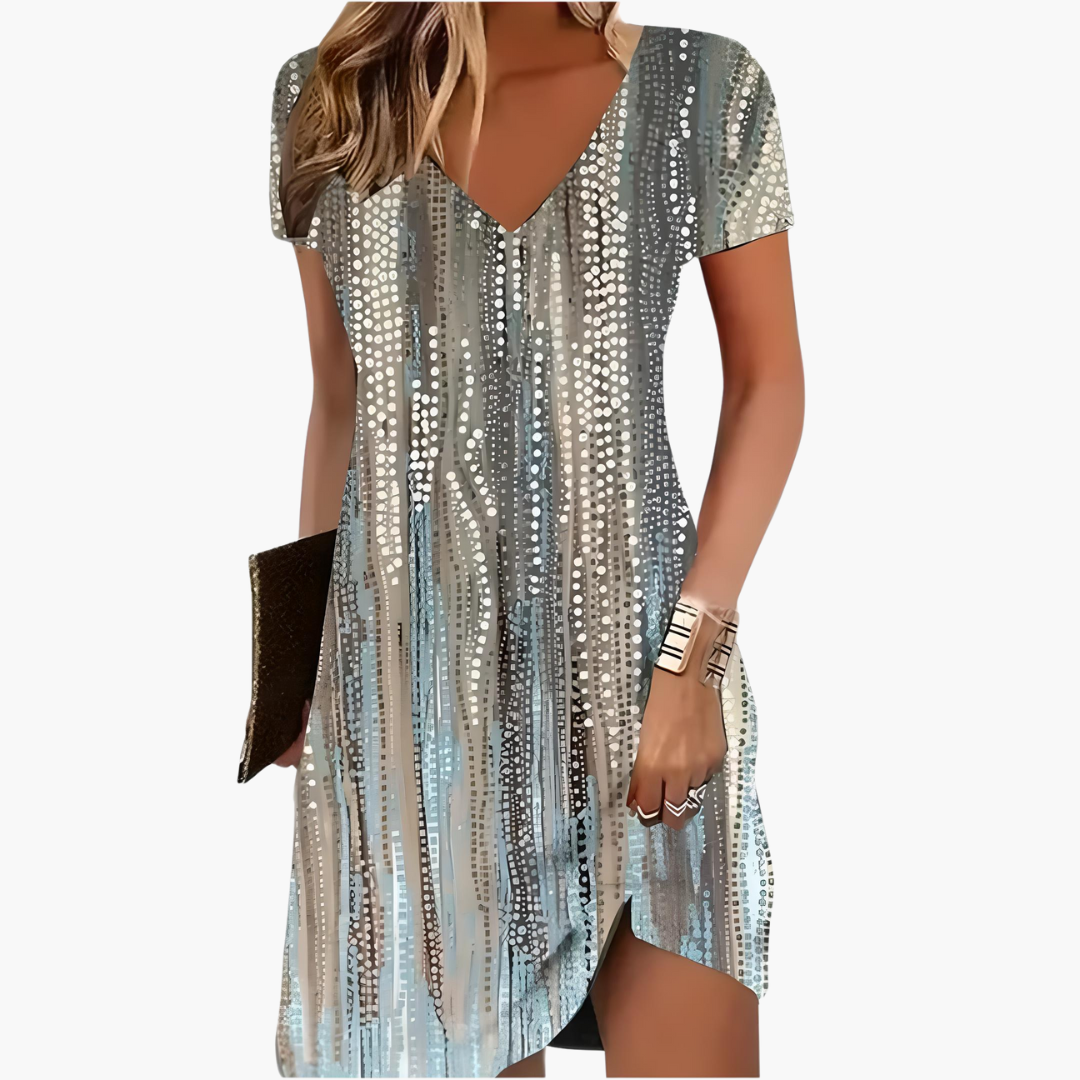 Women's Artistic Printed V-Neck Dress with Relaxed Fit
