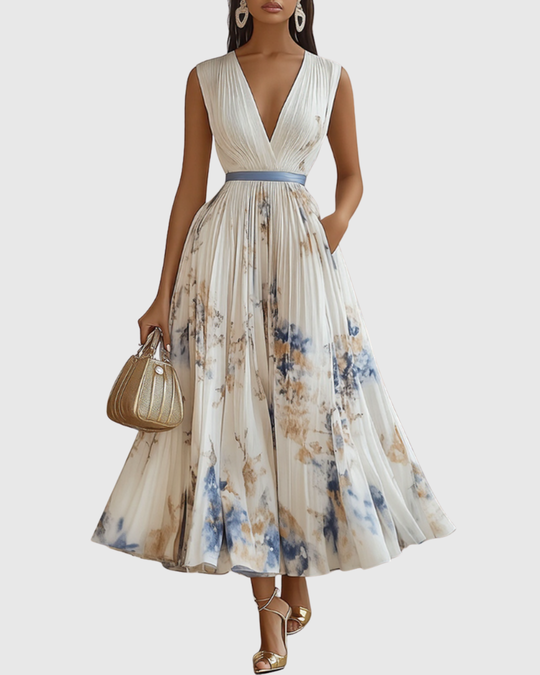 Women's Romantic Floral Pleated Maxi Dress with Deep V-Neck