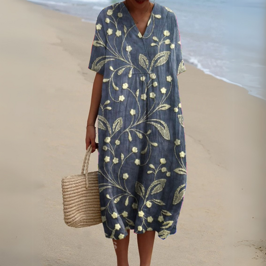 Women's Printed Cotton Linen Cocoon Midi Dress