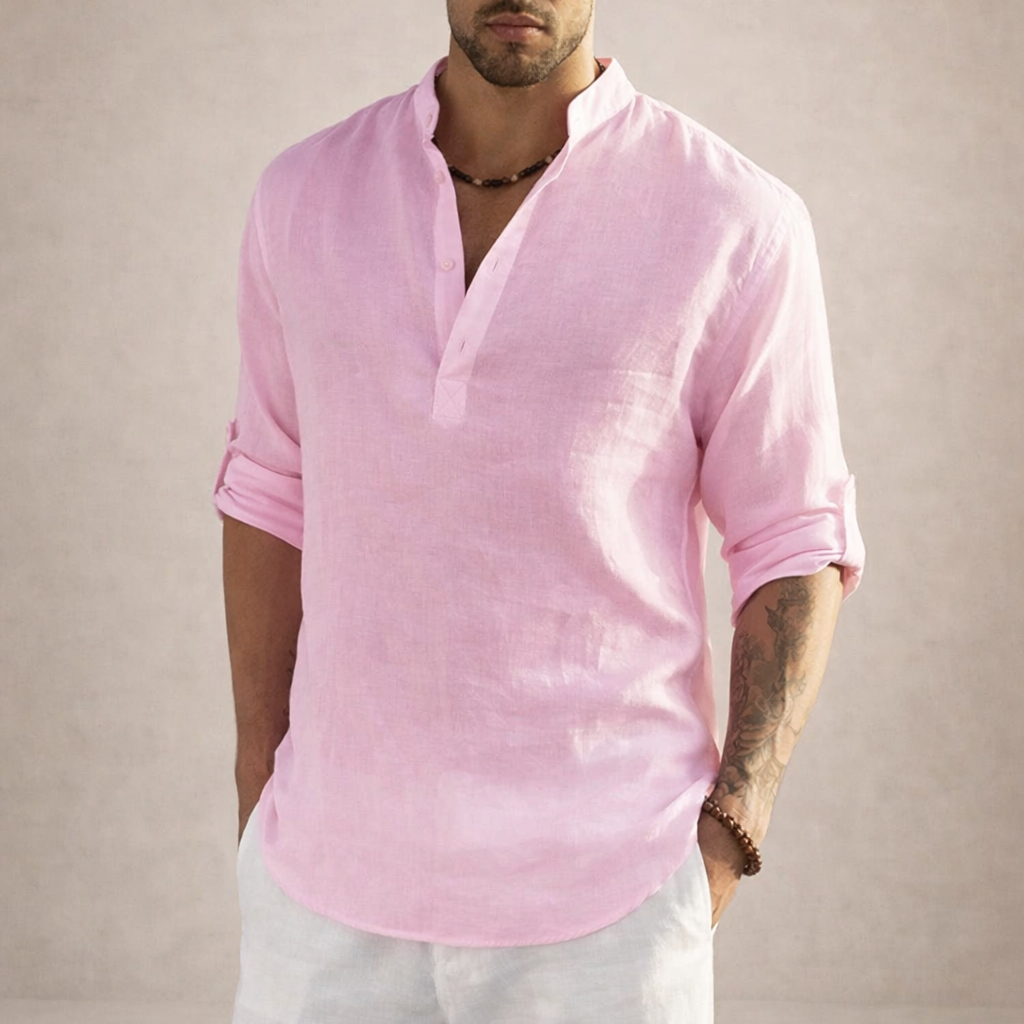 Men's Casual Linen-Blend Henley Shirt