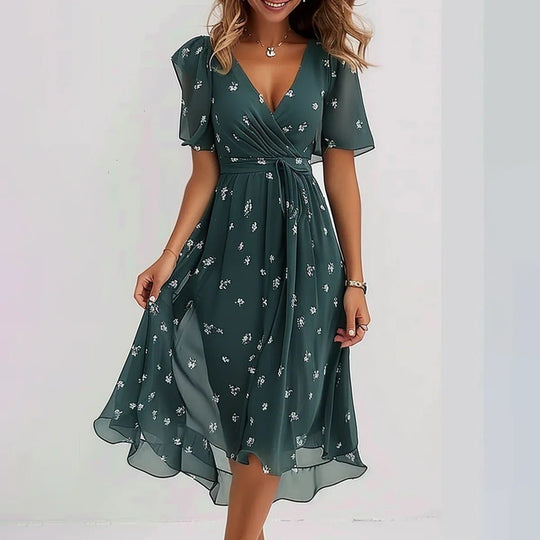 Women's Floral V-Neck Flutter Sleeve Midi Dress