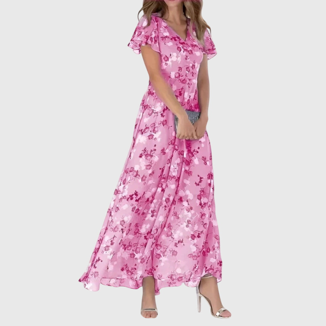 Women's Floral V-Neck Maxi Dress with Flutter Sleeves