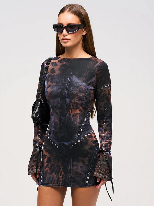 Women's Gothic Mesh Print Bodycon Mini Dress with Studded Details