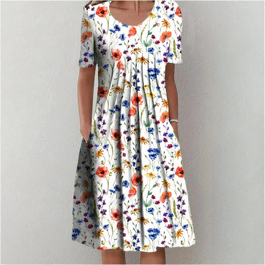 Women's Printed Short Sleeve Pocket Midi Dress