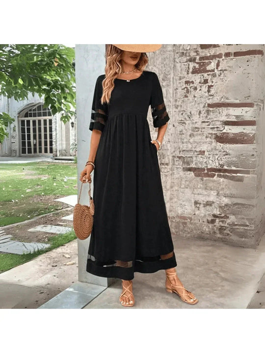 Women's Elegant Mesh Panel Maxi Dress with Tiered Sleeves