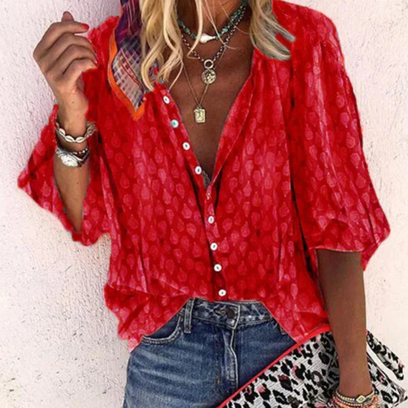 Women's Boho Printed Button-Up Blouse