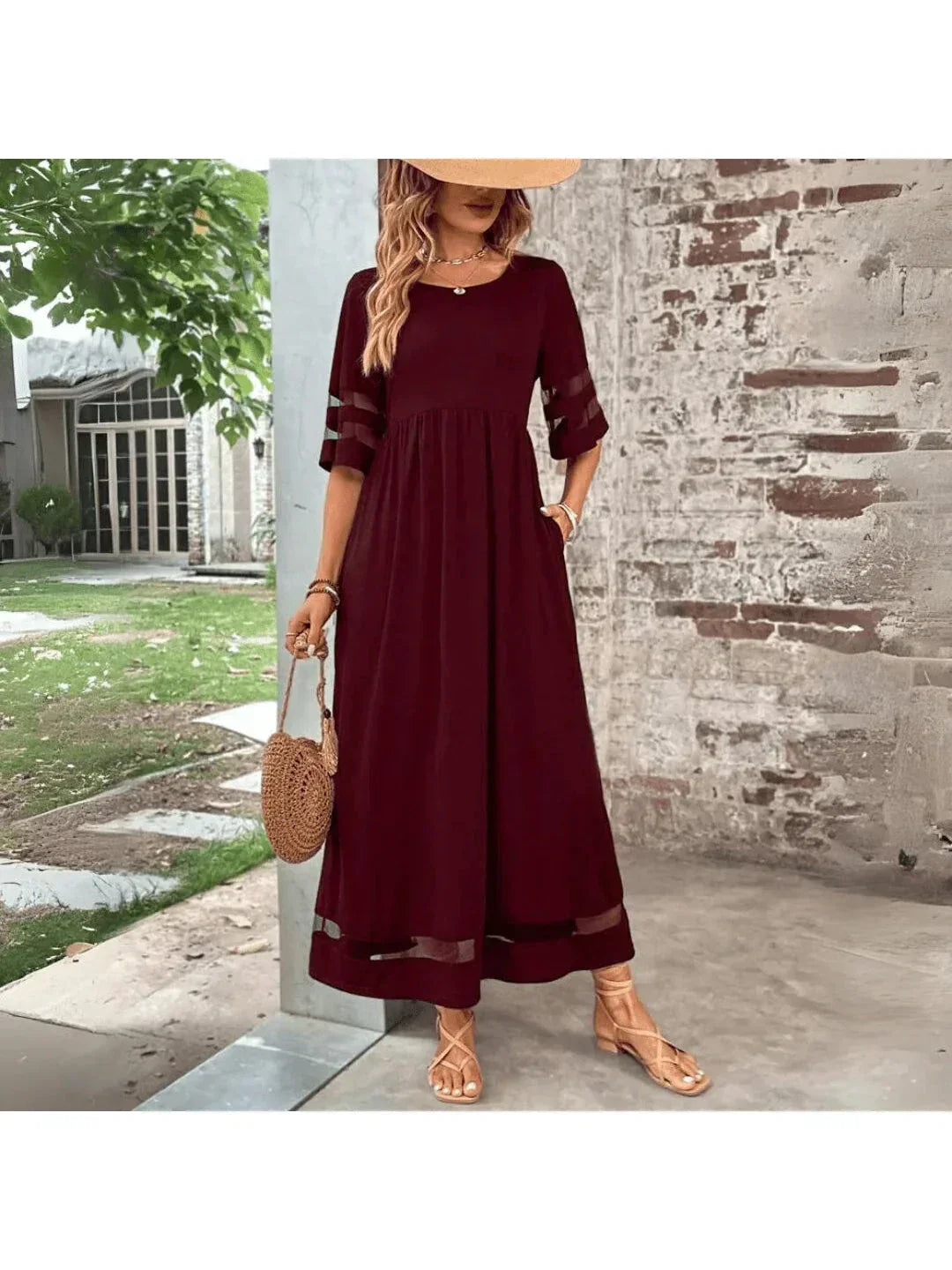 Women's Elegant Mesh Panel Maxi Dress with Tiered Sleeves