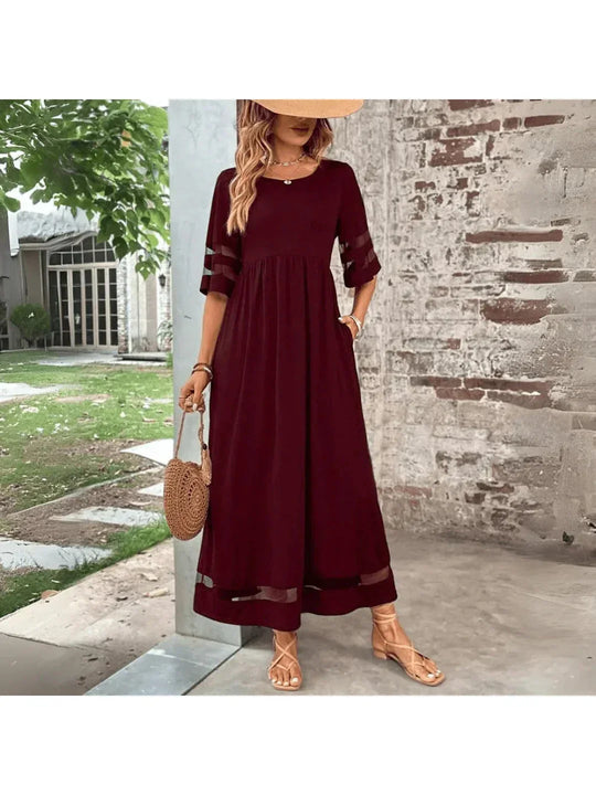 Women's Elegant Mesh Panel Maxi Dress with Tiered Sleeves