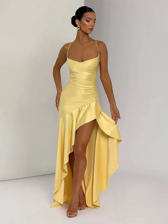 Women's Satin Spaghetti Strap High Low Evening Dress