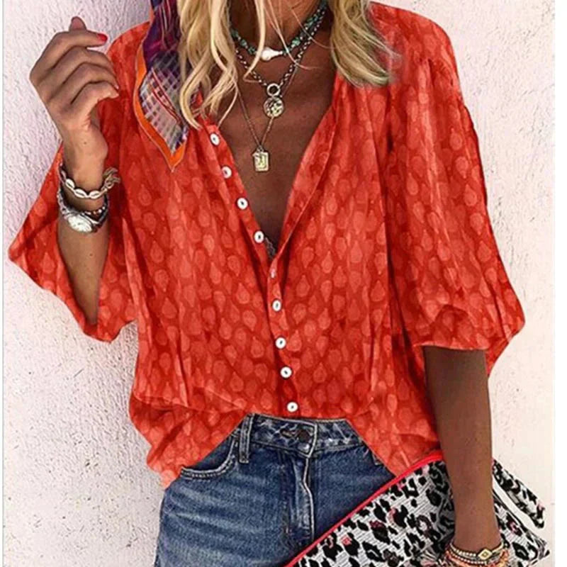Women's Boho Printed Button-Up Blouse