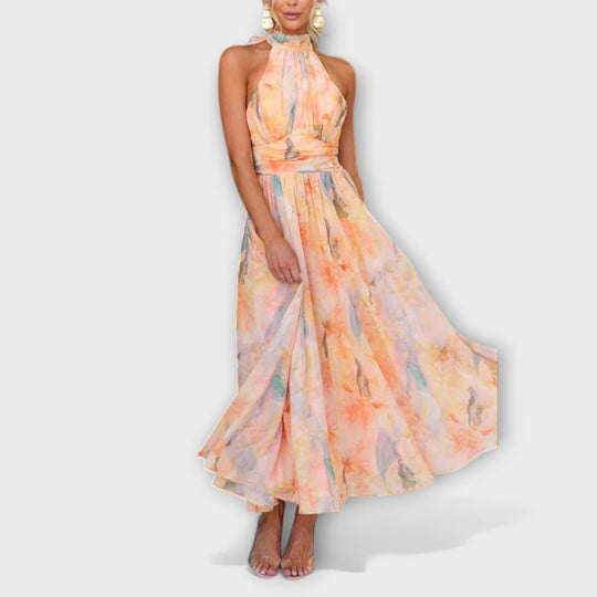 Women's Watercolor Halter Neck Pleated Maxi Dress