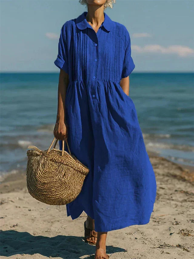 Women's Button Front Collared Maxi Shirt Dress