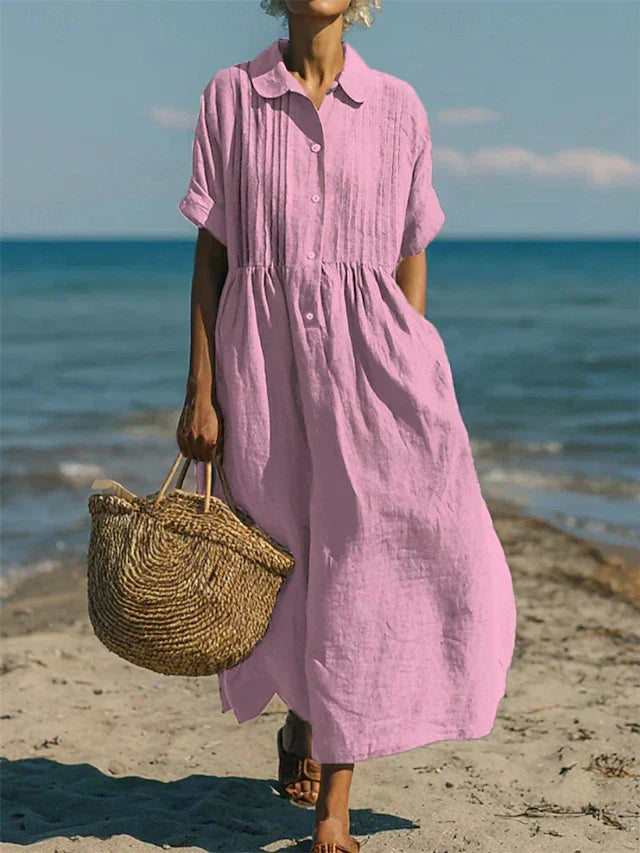 Women's Button Front Collared Maxi Shirt Dress