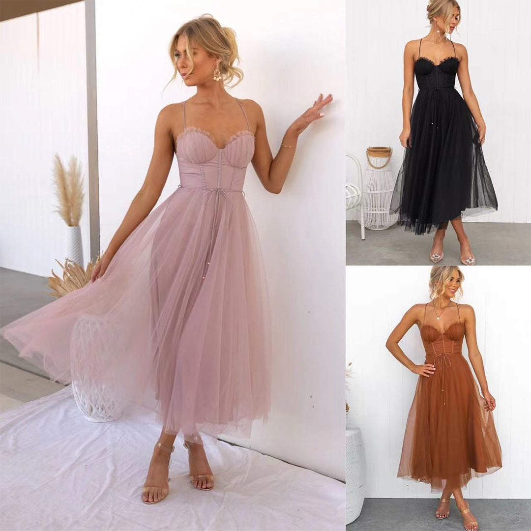 Women's Romantic Corset Tulle Midi Dress with Ruched Bust