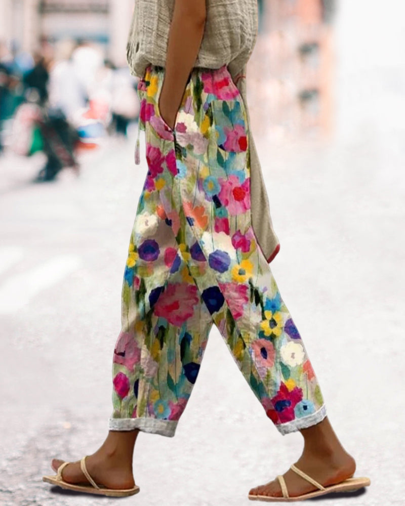 Women's Floral Print Relaxed Fit Linen Blend Harem Trousers