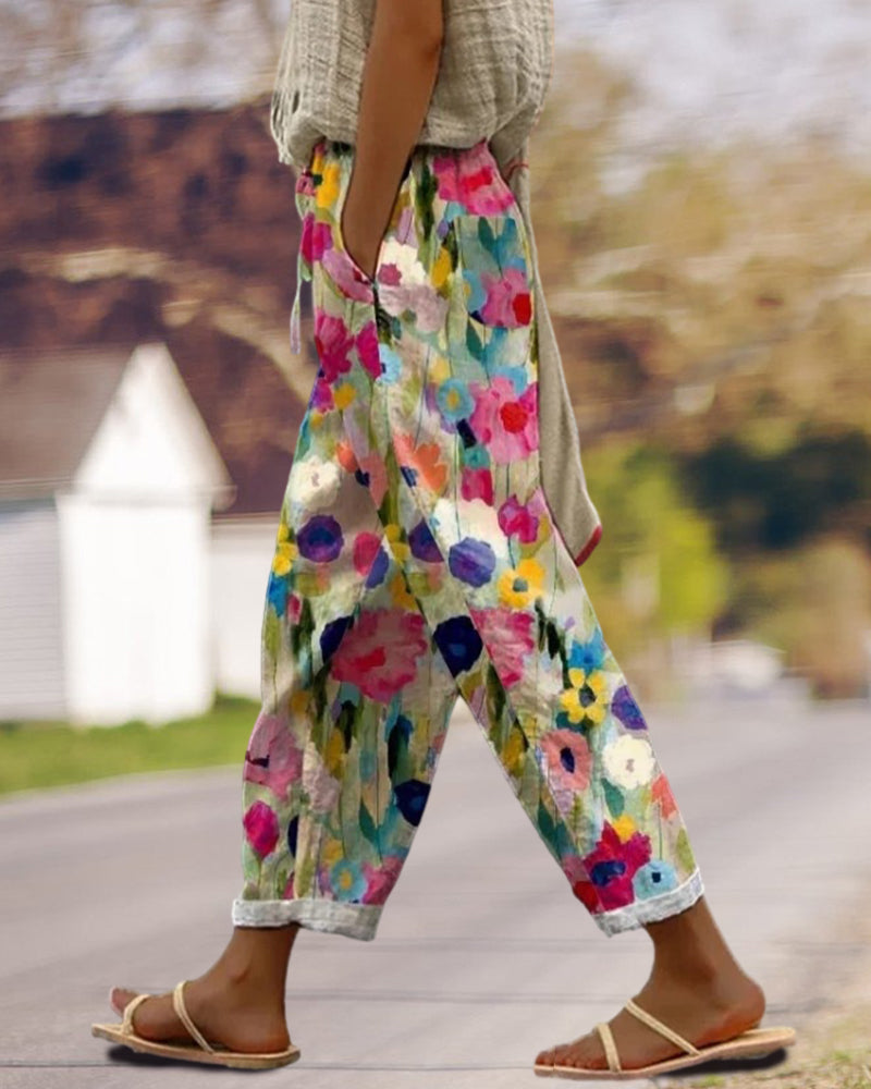 Women's Floral Print Relaxed Fit Linen Blend Harem Trousers