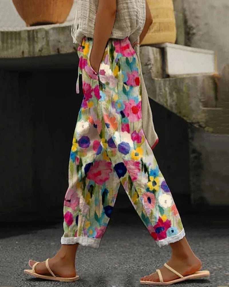 Women's Floral Print Relaxed Fit Linen Blend Harem Trousers
