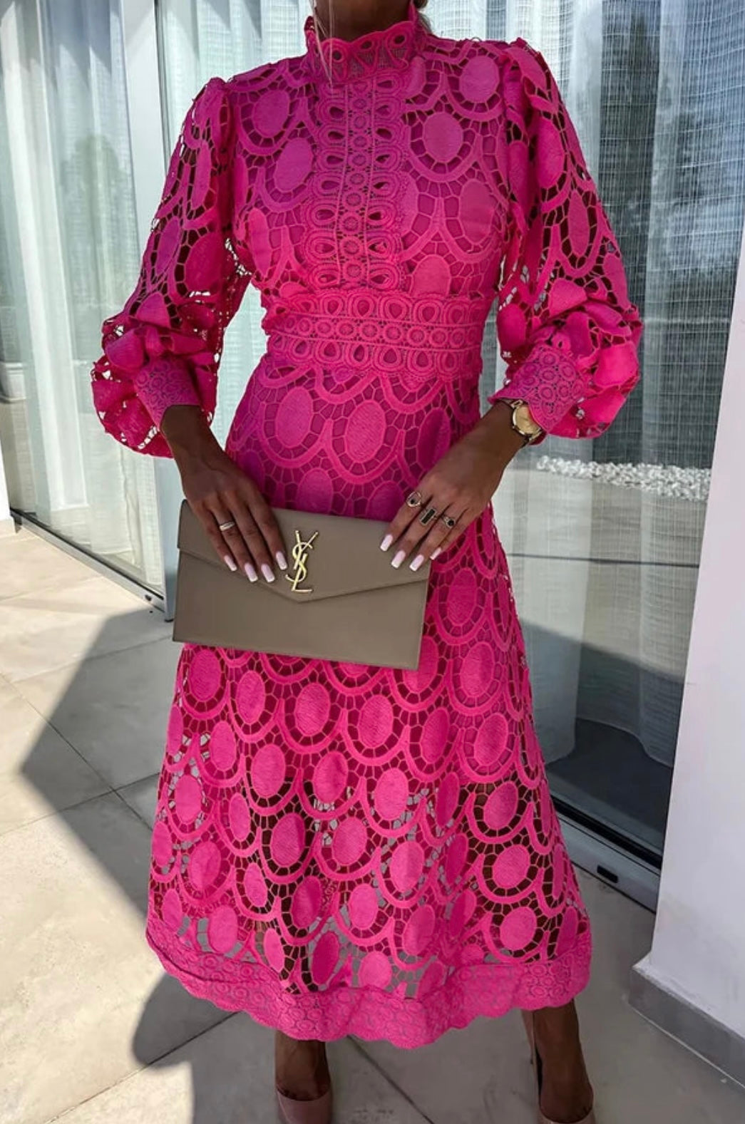 Women's Elegant Lace Long Sleeve Midi Dress