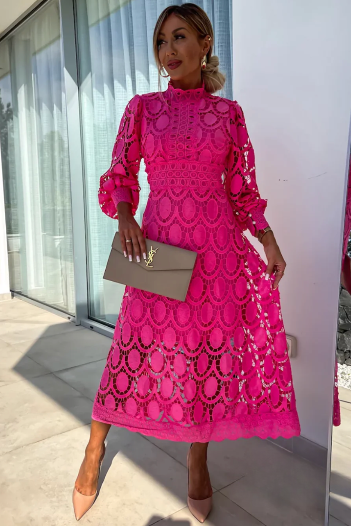 Damen elegantes Midi-Kleid mit langen Ärmeln aus Spitze