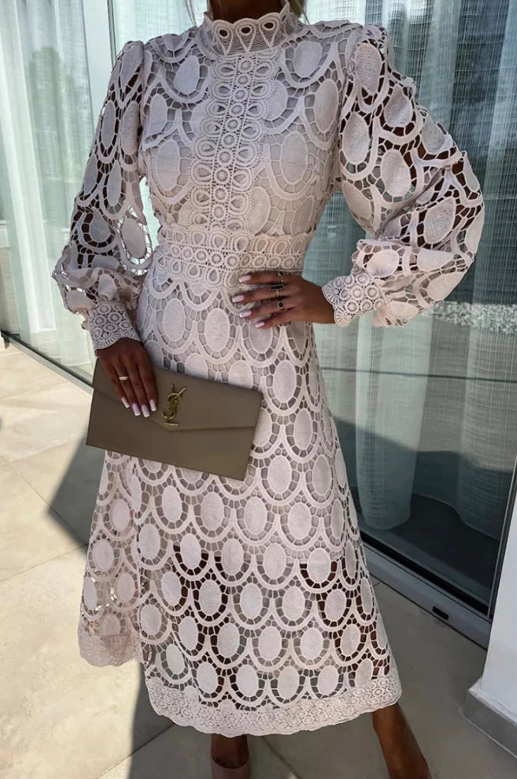 Women's Elegant Lace Long Sleeve Midi Dress