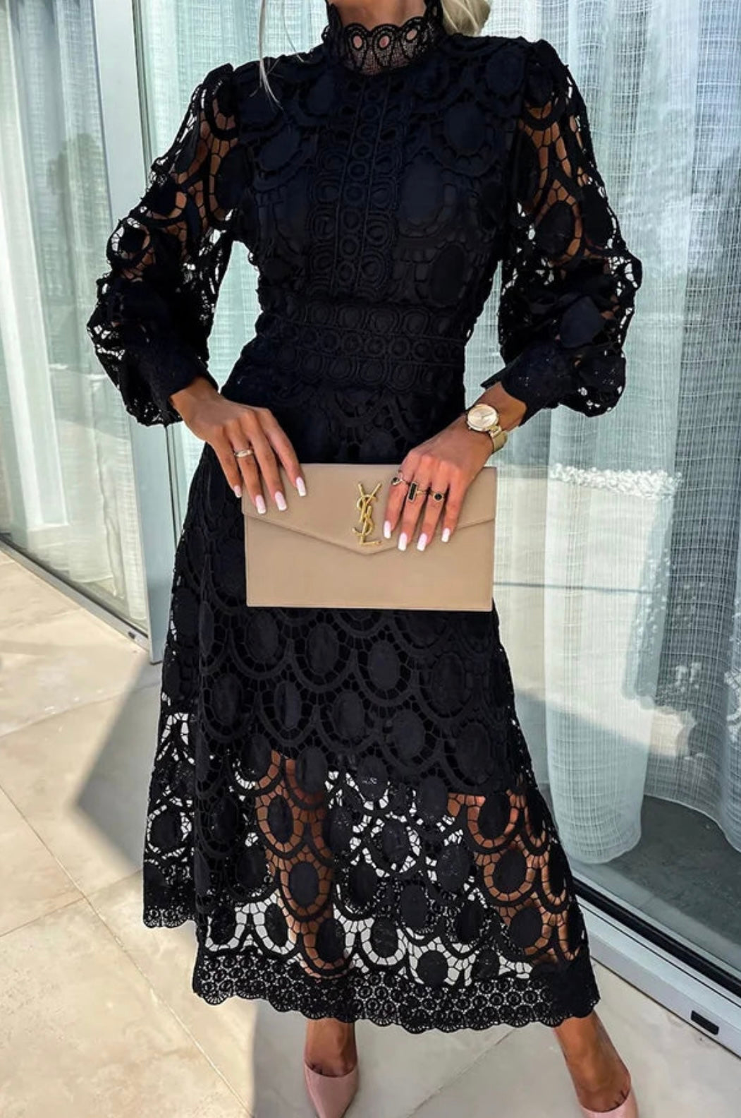 Women's Elegant Lace Long Sleeve Midi Dress