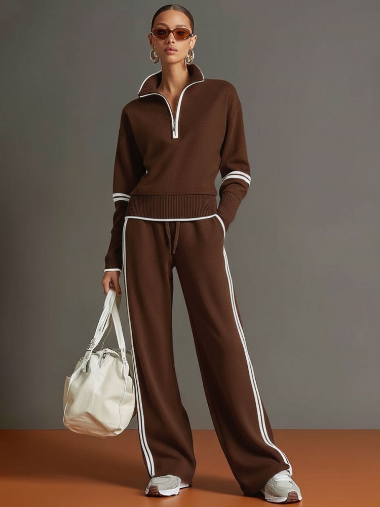 Women's Quarter Zip Sweatshirt and Wide Leg Trousers Two-Piece Set