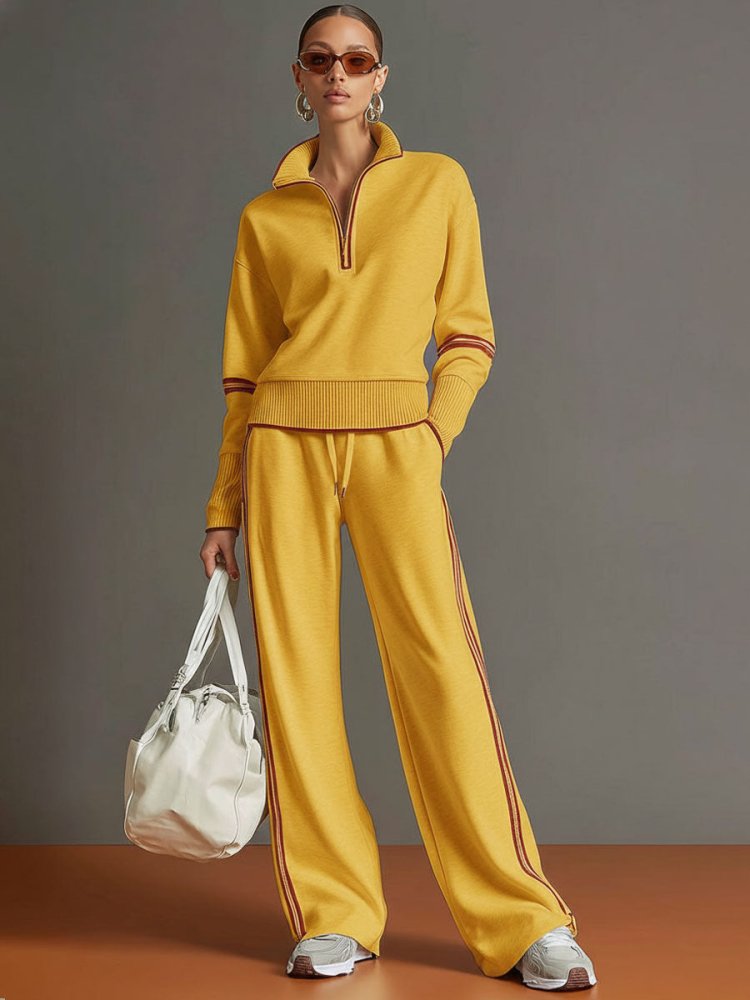 Women's Quarter Zip Sweatshirt and Wide Leg Trousers Two-Piece Set