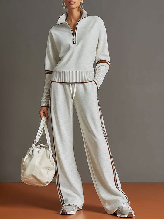 Women's Quarter Zip Sweatshirt and Wide Leg Trousers Two-Piece Set