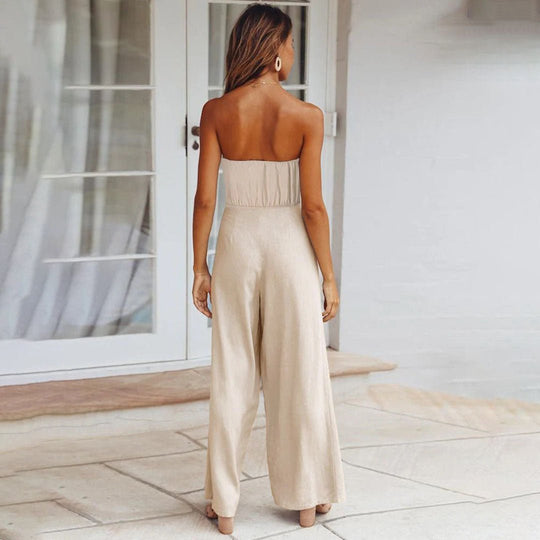 Women's Strapless Wide Leg Jumpsuit with Tie Waist