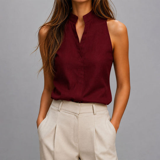 Women's Sleeveless Split Neck Mandarin Collar Blouse