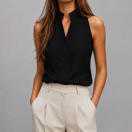 Women's Sleeveless Split Neck Mandarin Collar Blouse