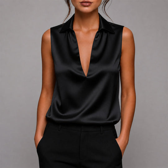 Women's Satin Sleeveless Collared V-Neck Blouse