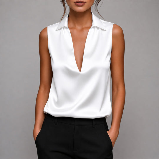 Women's Satin Sleeveless Collared V-Neck Blouse