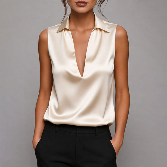 Women's Satin Sleeveless Collared V-Neck Blouse