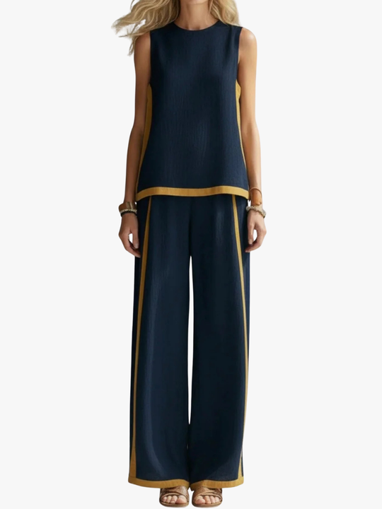 Women's Sleeveless Contrast Trim Top and Wide Leg Pants Set
